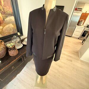 DANA BUCHMAN SKIRT SET Wool w/ Leather Trim Dark Brown in Color